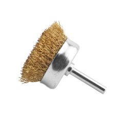 Spindle Mounted 50mm Cup Wire Brush. Brass Dipped Steel.